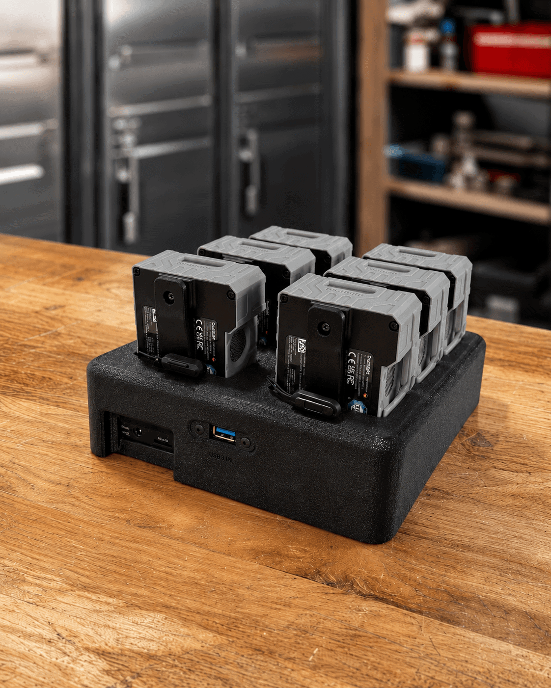 Dustlight Lade- und Daten Dock mit sechs Dustlight Staubmessgeräten und USB-Datenanschluss