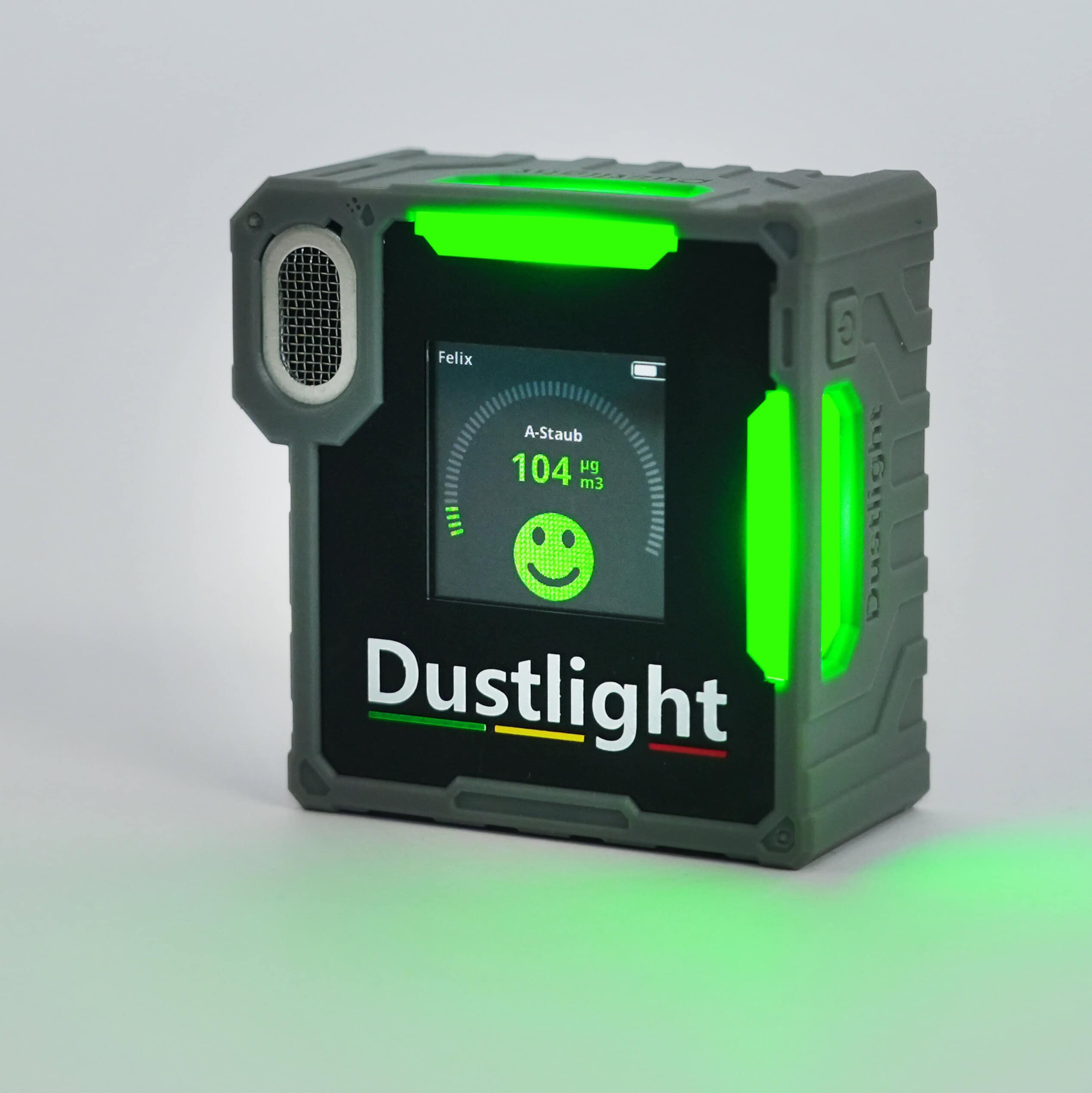 Staubmessgerät Dustlight mit grünem Warnlicht und Smiley-Anzeige für niedrige Staubbelastung