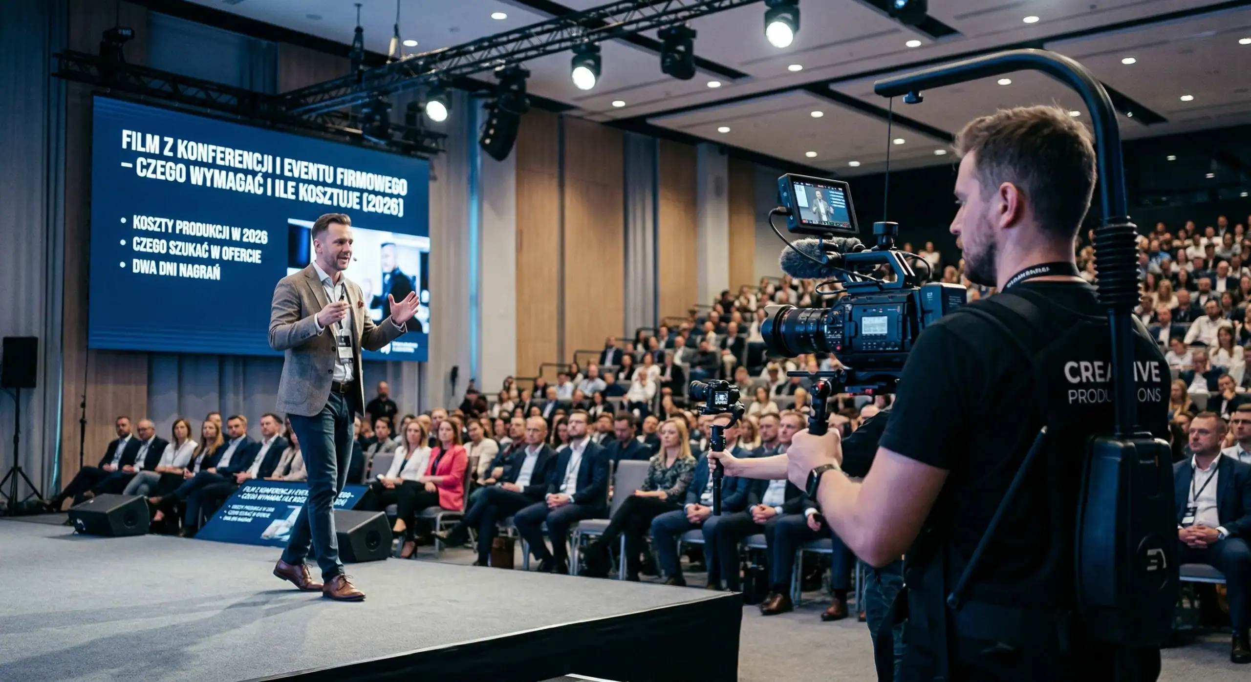 Film eventowy Kraków – profesjonalna realizacja wideo z konferencji firmowej, operator z kamerą full-frame na statywie