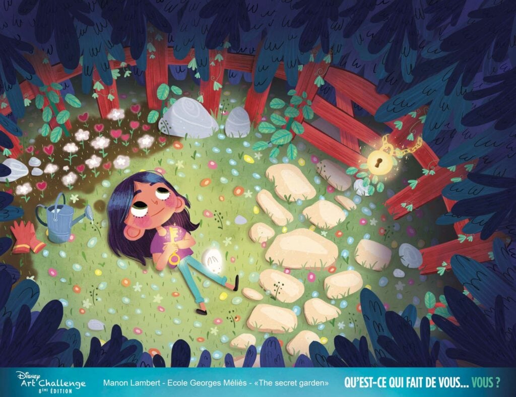 Illustration by Manon Lambert: a girl lies in the grass of an enclosed garden at dusk, holding a glowing golden key, a small luminous white rabbit at her side. A padlock shines on a red wooden gate, among flowers, stepping stones, a watering can and gardening gloves.