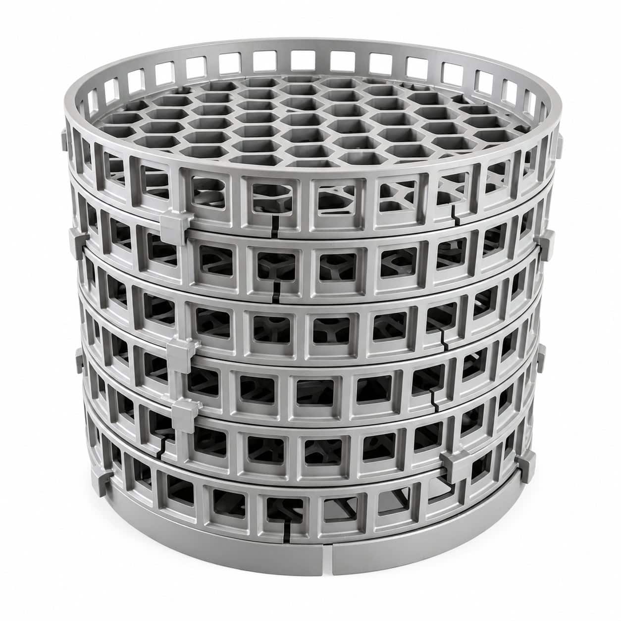 Heat-resistant cast basket geometry used to carry workpieces through thermal cycles