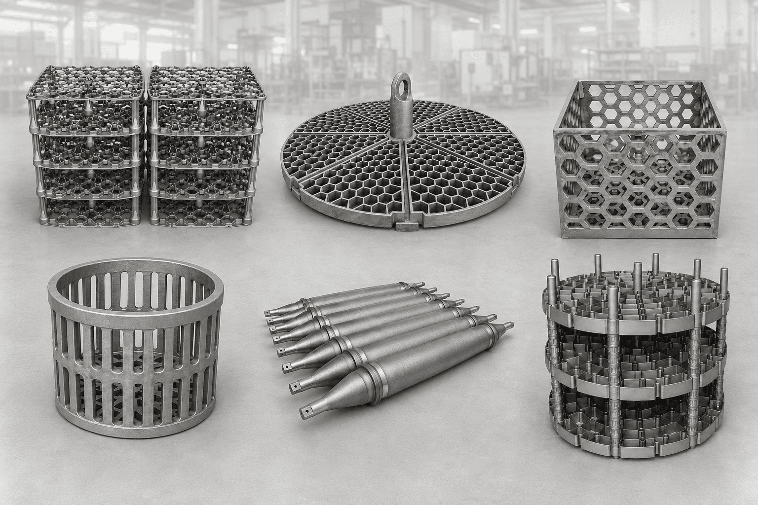Heat treatment furnace baskets trays fixtures and rolls