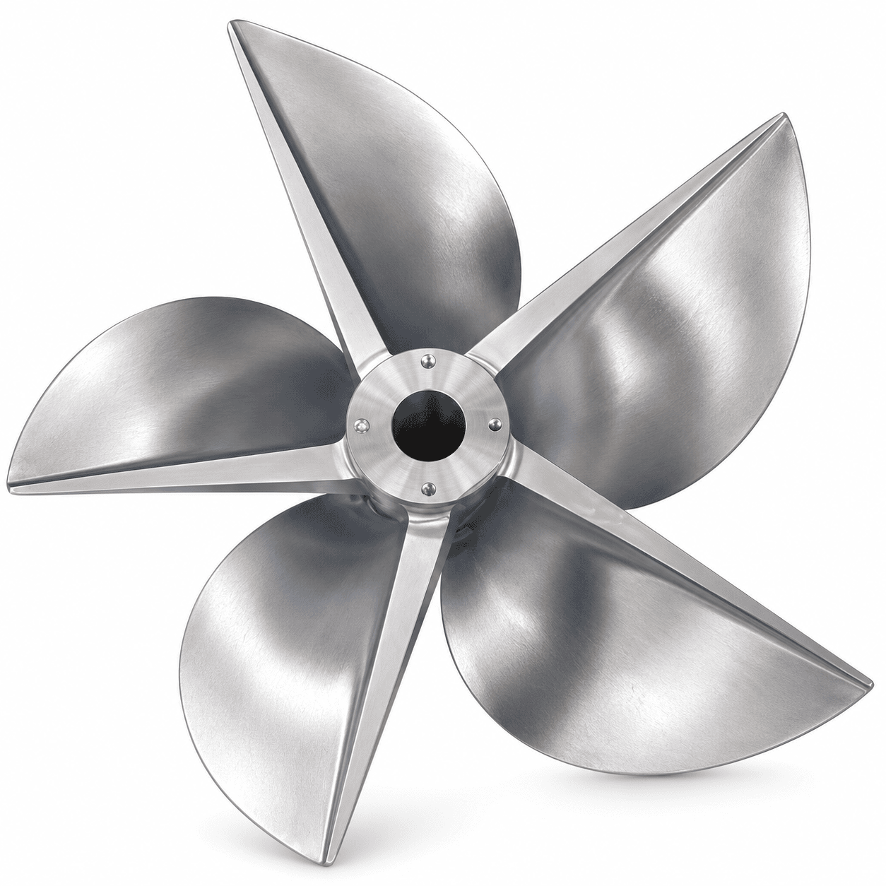 Five-blade axial furnace fan impeller with curved blades and a central shaft bore