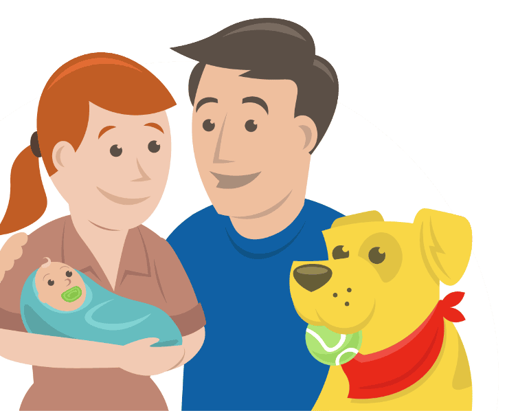 Illustration of a woman holding a swaddled baby, a man standing beside her, and a yellow dog with a red bandana and a tennis ball in its mouth.