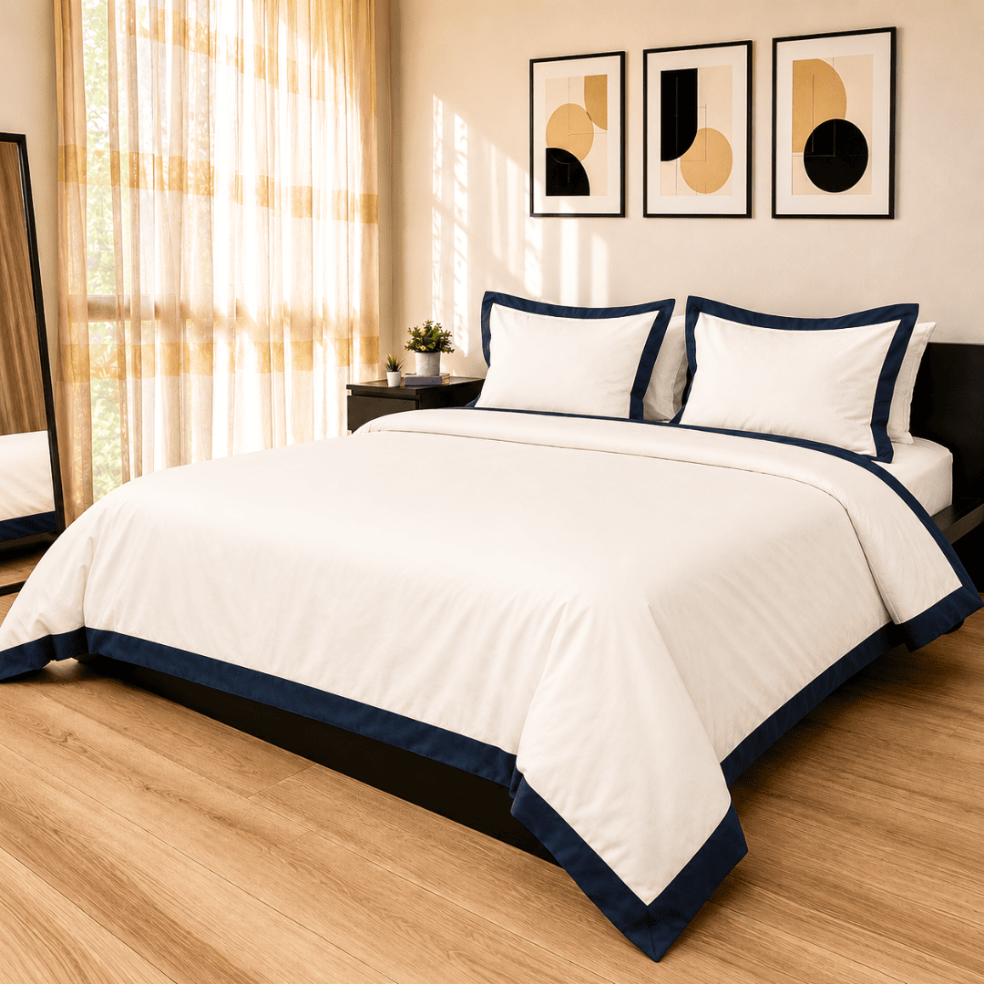 White with Statement Dark Blue Piping