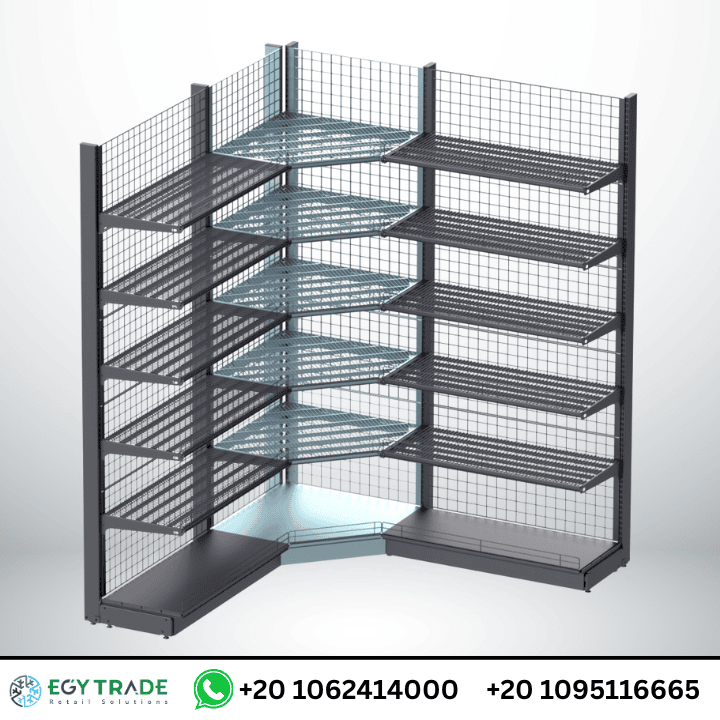 أرفف عرض حائطية بزاوية داخلية ضمن تجهيزات السوبر ماركت من إيجي تريد
