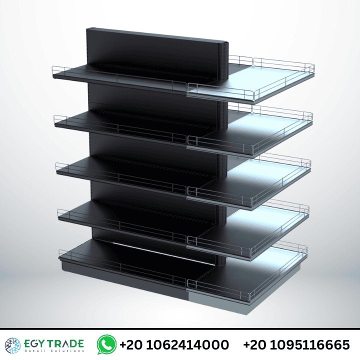 أرفف عرض معدنية مزدوجة الوجه لعرض المنتجات – تجهيزات السوبر ماركت من إيجي تريد