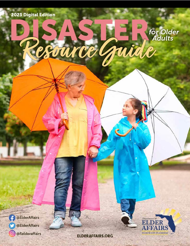 2022 Disaster Guide for Older Adults Cover Image - Elder woman sheltered by umbrella, looking up at the title of the publication