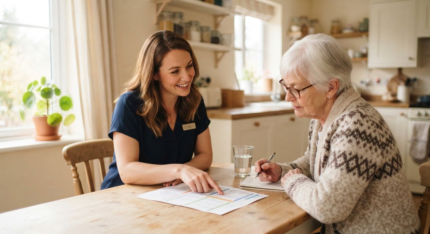 Registered dietitian reviewing a nutrition plan with an older adult client at home