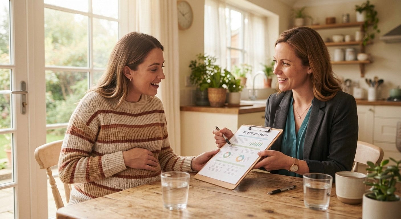 Registered dietitian reviewing a prenatal nutrition plan with a pregnant client