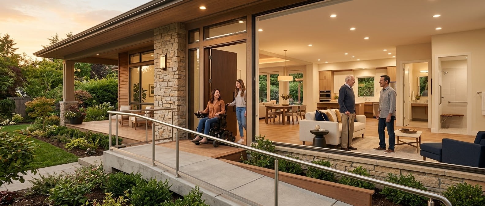 Accessible home entry ramp welcoming a woman using a power wheelchair, with family