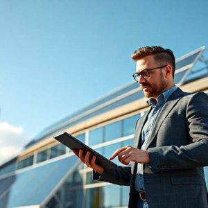 Asesor energético explicando opciones de ahorro en la factura de luz a un cliente.