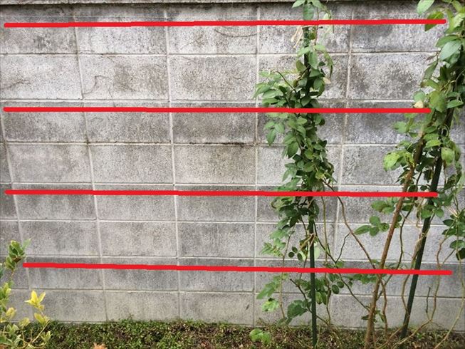 ブロック塀にバラの誘引用ワイヤーを設置しました
