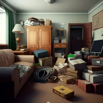 Zugemüllter Haushalt mit Couch, Teppich, Sperrmüll