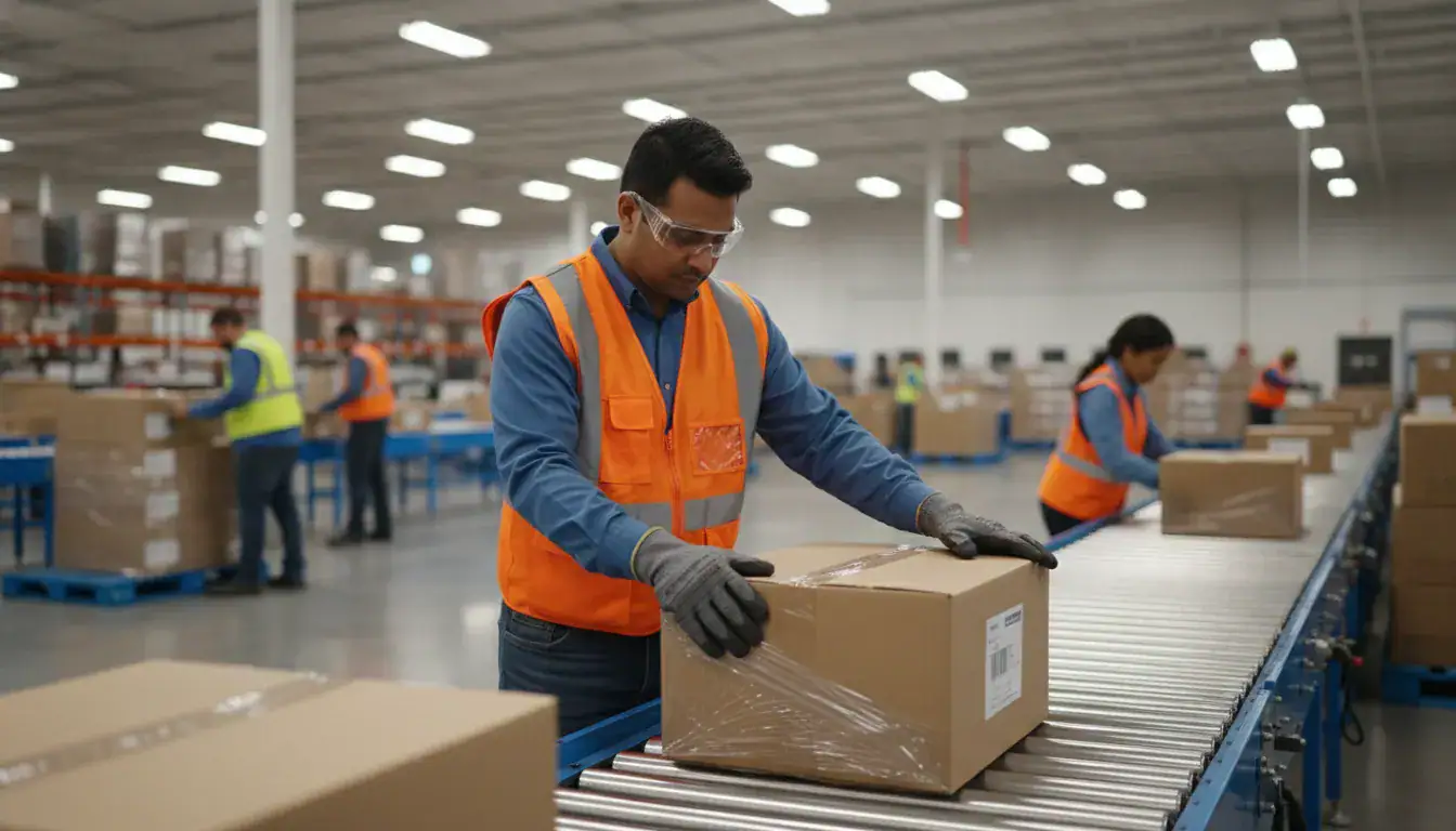 Warehouse team member organizing materials in an Oak Cliff distribution setting