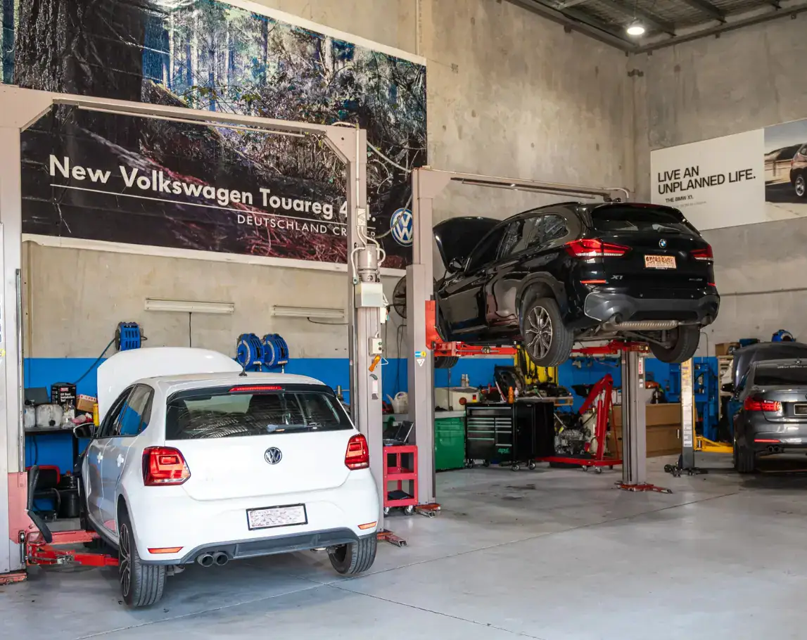 Multiple vehicles being serviced in professional automotive workshop
