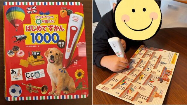 小学館「はじめてずかん1000」と「ドキドキめいろ」の表紙。タッチペンで遊べる知育図鑑のセット