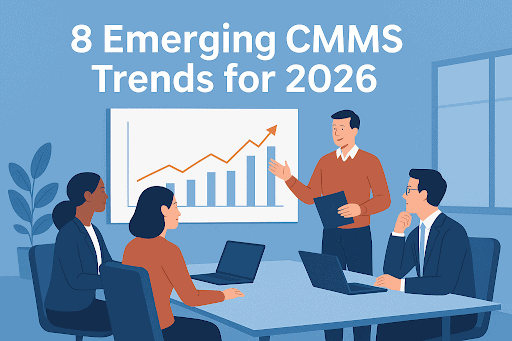  Conference room scene with four people reviewing a rising chart under the heading “8 Emerging CMMS Trends for 2026.  
