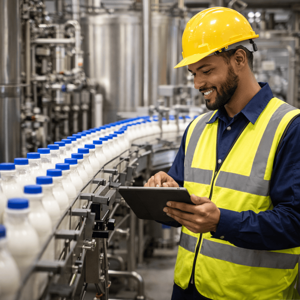 Food and beverage maintenance technicians inspecting production equipment