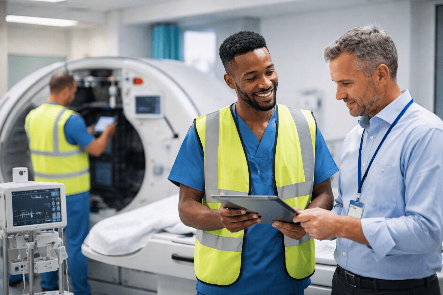 Hospital maintenance technicians inspecting medical equipment