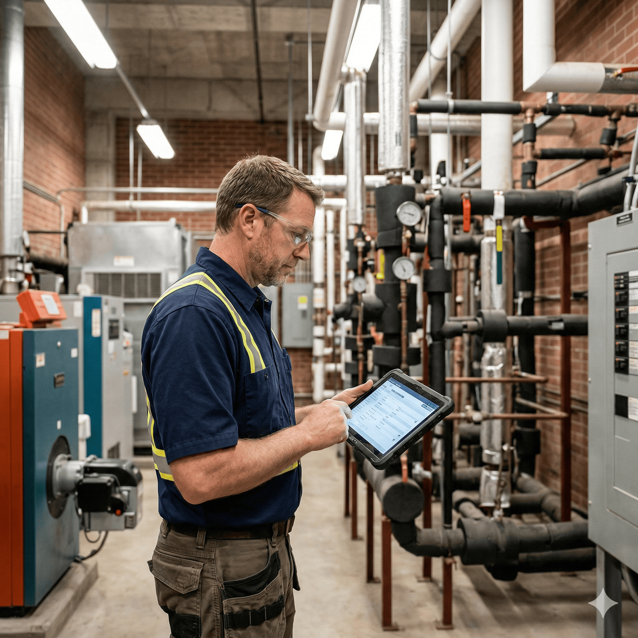 School Maintenance Technician Inspecting Facility Equipment