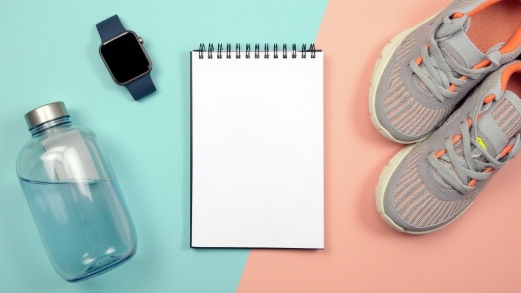 A notebook with tracking charts, fitness tracker, sneakers, and motivational symbols representing accountability in fitness