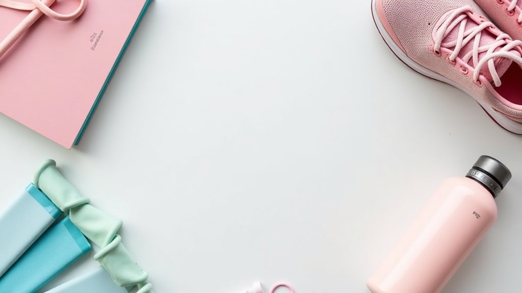 A simple collection of fitness gear on a clean background. Think sneakers, a water bottle, resistance bands, and a fitness journal.