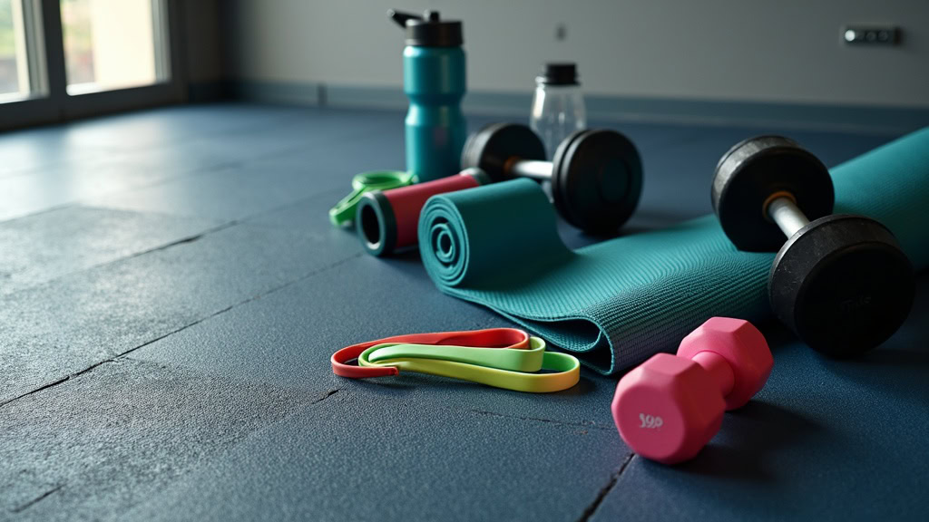 Closeup of running shoes, gym equipment, water bottle, and towel on a textured gym floor.