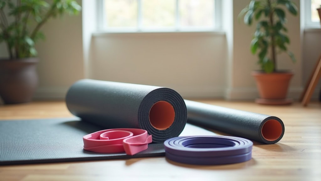 foam roller on a fitness mat next to a water bottle and towel