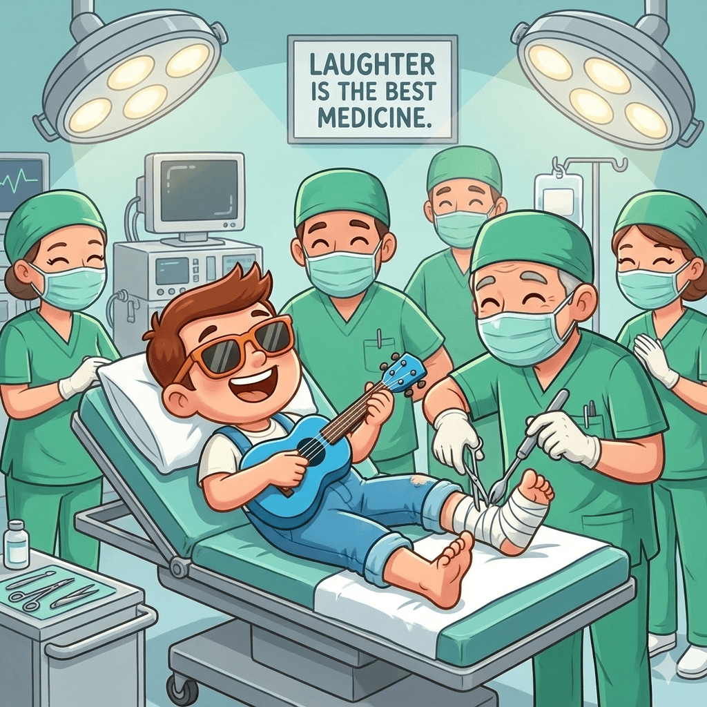 Junge liegt mit Ukulele auf OP-Tisch