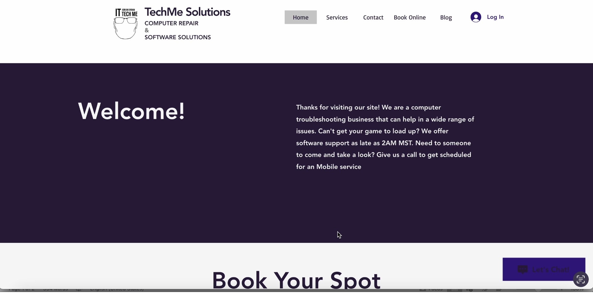 0ED71F0C-A206-4AC7-90C9-E45607D10BCF Screenshot of the TechMe Solutions website homepage showcasing the 'Welcome!' section with a brief introduction of computer troubleshooting services and booking options for mobile support.