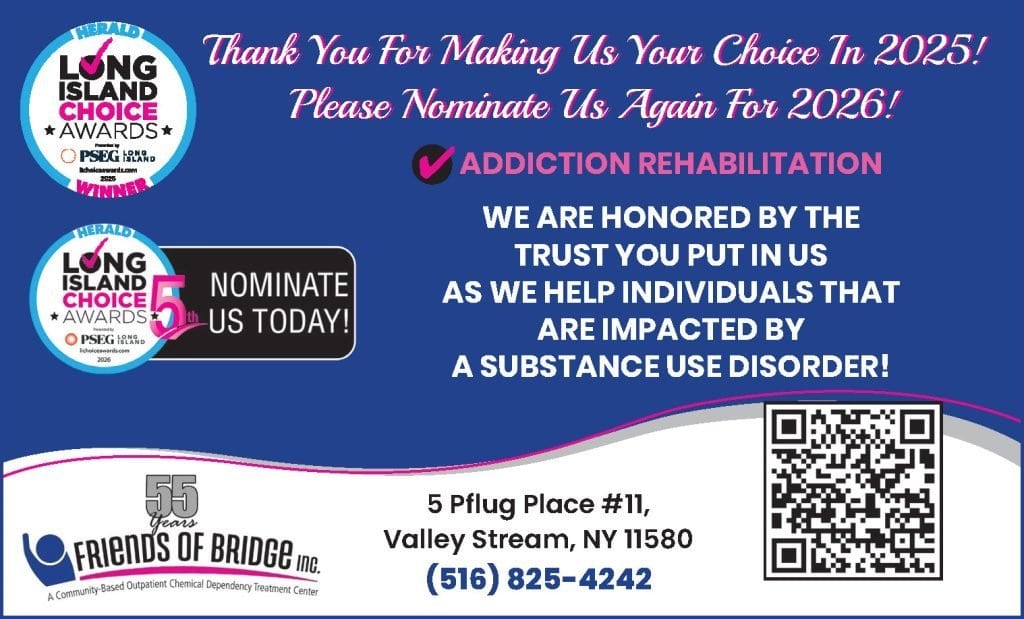 Promotional banner thanking voters and inviting nominations for 2025–2026, with Addiction Rehabilitation logo and a QR code.