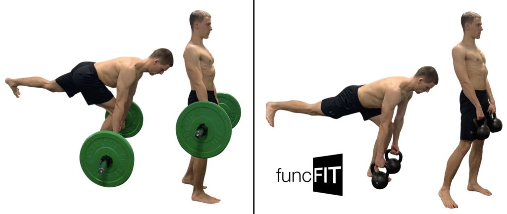 Start- und Endposition des einbeinigen Kreuzhebens mit der Langhantel und mit Kettlebells