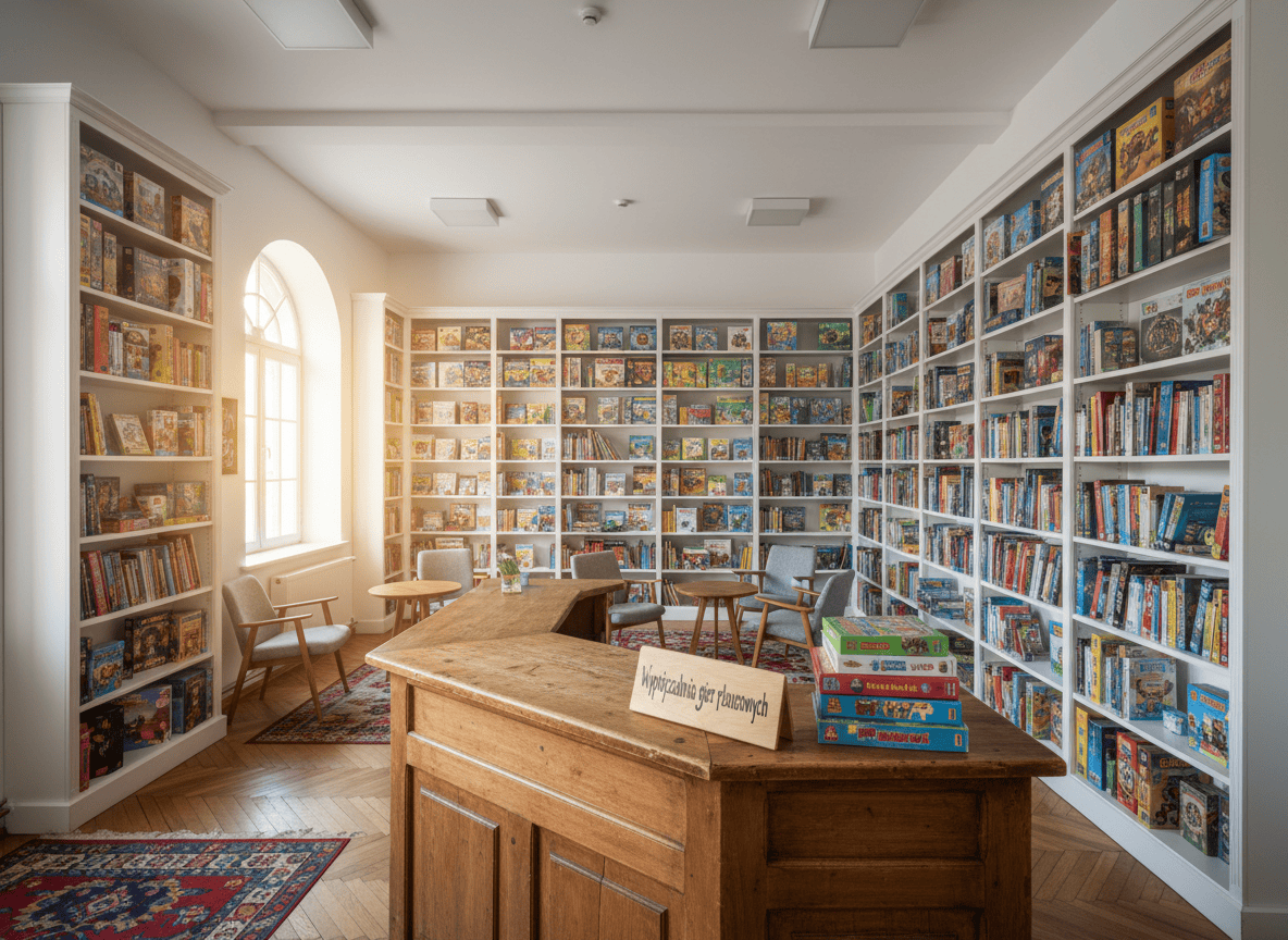An inviting board game lending library without any people: tall white shelves filled with a wide variety of colorful game boxes, clearly worn from loving use, arranged by size and color. In the foreground, a sturdy wooden checkout counter displays a small stack of featured family games and a simple sign labeled “Wypożyczalnia gier planszowych”. Soft, even overhead lighting combines with a bit of natural window glow, eliminating harsh shadows and highlighting the textures of cardboard and wood. Photographic realism, slightly elevated angle with sharp focus throughout, creating an organized, accessible, community-oriented feeling.