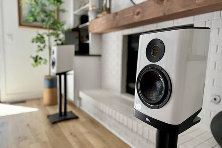 The ELAC Vela 2.0 VBS404.2 speakers on display at Eric Forst's home