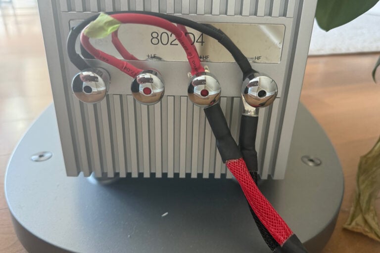 Wireworld speaker cables feeding Jerry Del Colliano's Bowers & Wilkins 802 D4 speakers.