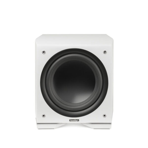 The Paradigm Defiance S12 subwoofer is striking in white.