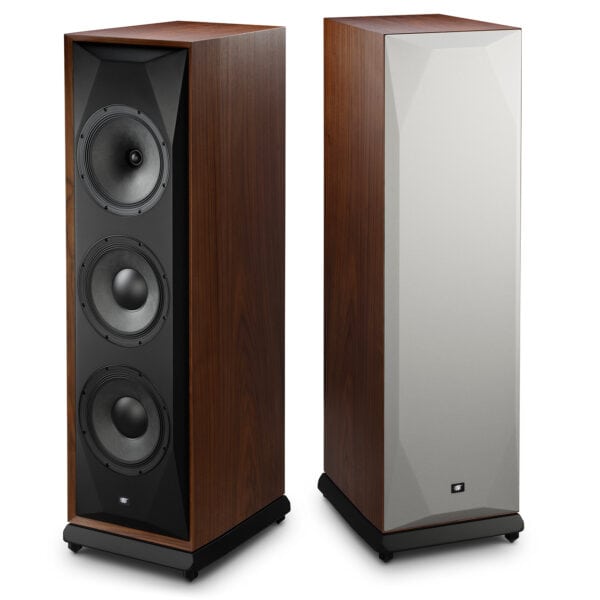 Two looks at the MOFI SourePoint V10 speakers in a wood finish.