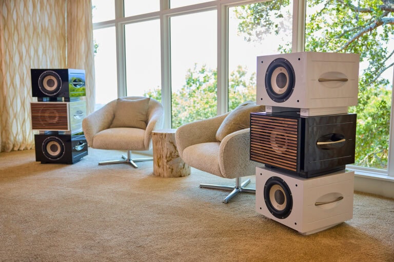 REL S/550 Six Pack Line Array Sub Bass System installed with varied grilles.
