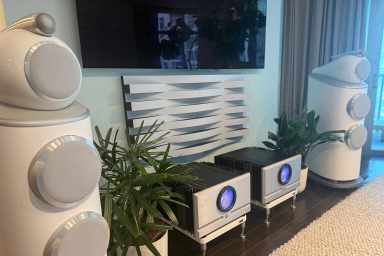 Notice the lack of cable mess, the use of lighting and plants to make a more modern and inviting space to listen to music.