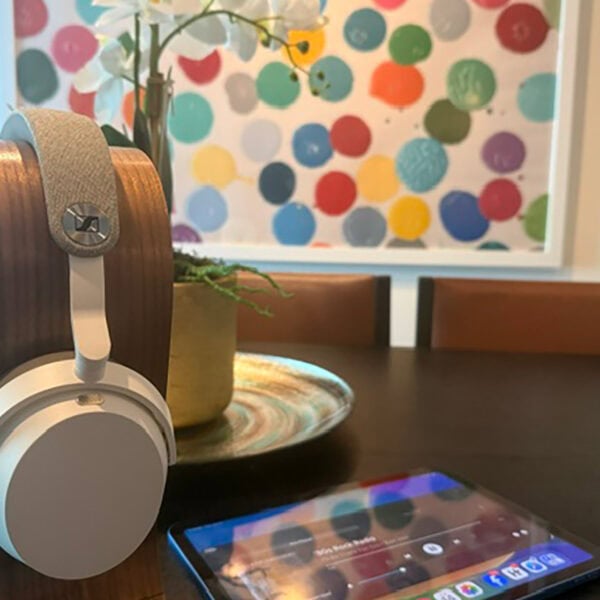 The Sennheiser MOMENTUM 5 headphones in front of a colorful Damien Hirst print.