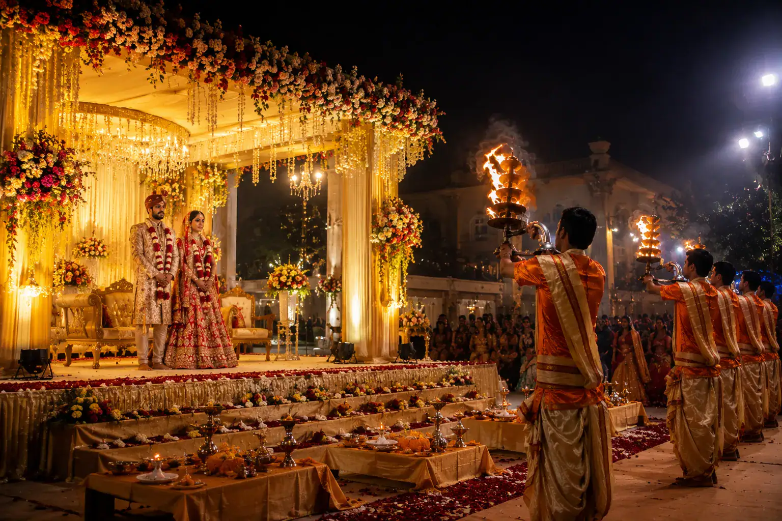 Ganga Aarti wedding Event with Kashi priests performing aarti at mandap