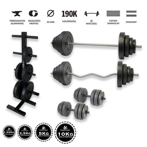 GazoFitness® Szuperszett Csomag 106 Kg (Menetes kézisúlyzórúddal) + Tárcsatartó állvány