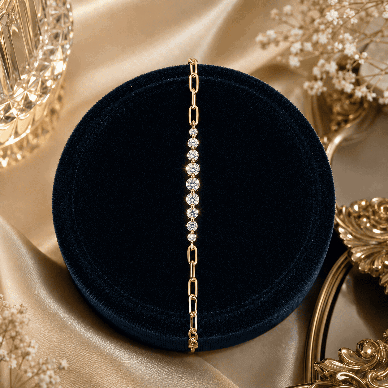 Kessane Moissanit Tennisarmband in Gold auf dunklem Samt
