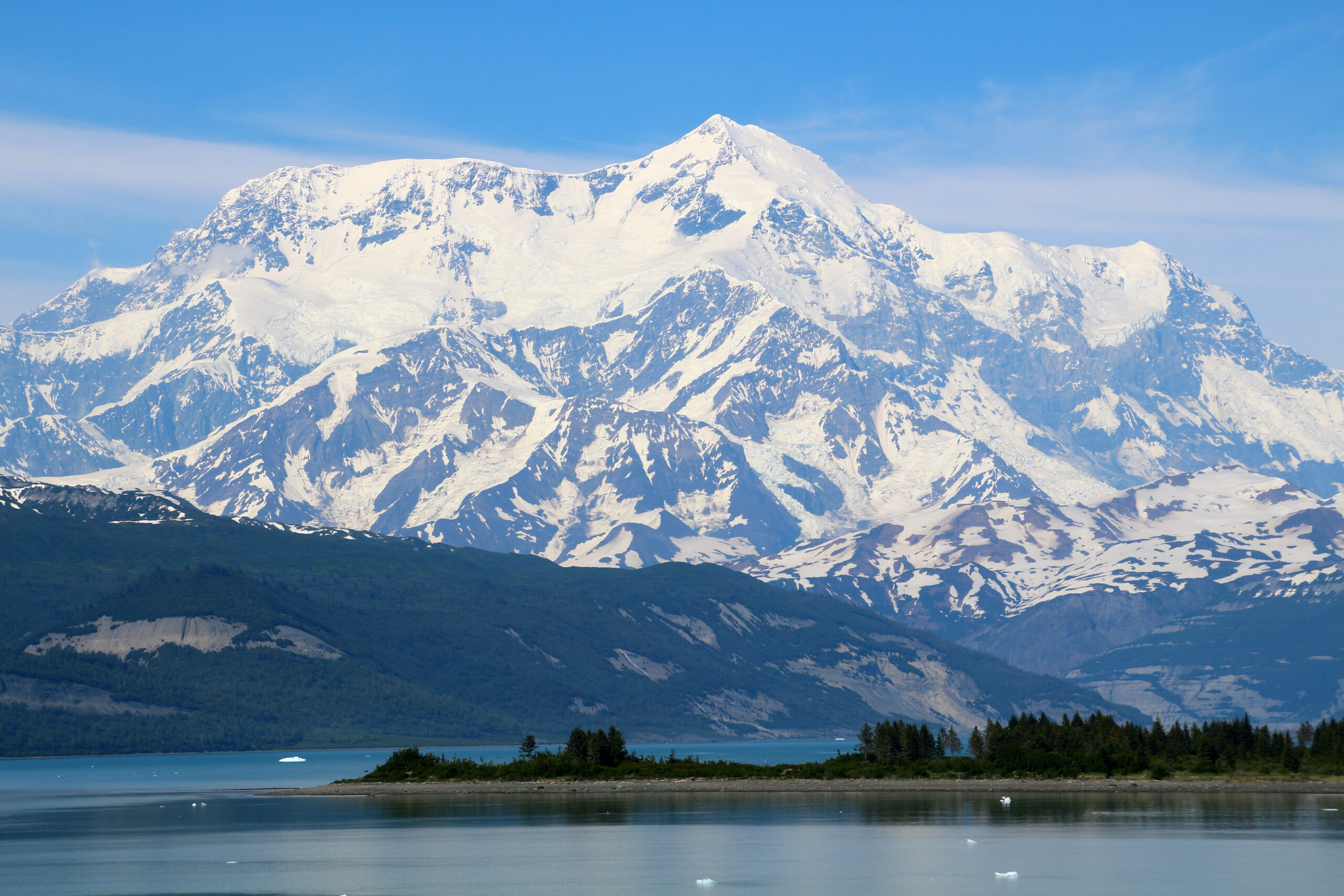 Mount Saint Elias rising in glaciated relief above the Gulf of Alaska coast