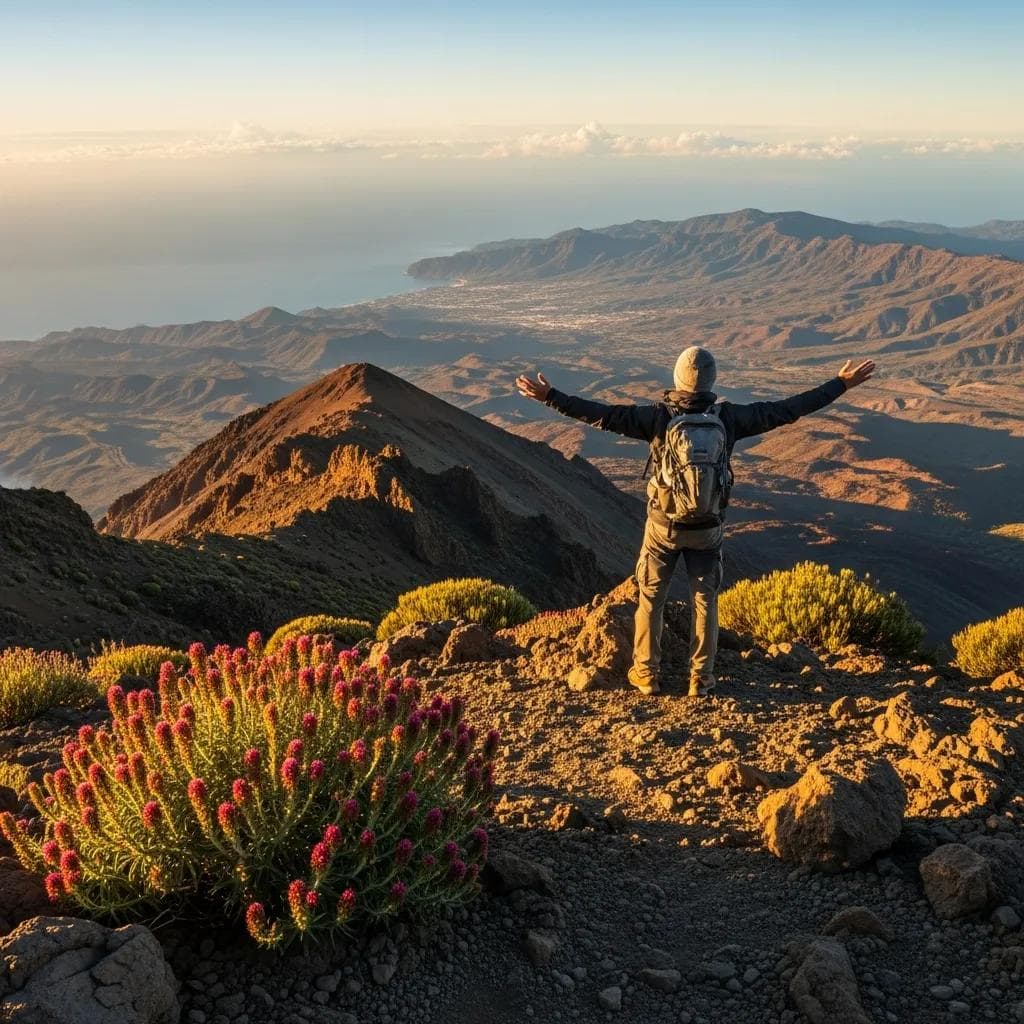 Pico Cristóbal Colón the highest mountain in Colombia at 5775 meters elevation in the Sierra Nevada de Santa Marta only 42 kilometers from the Caribbean Sea representing one of the world's tallest coastal mountain country highpoints similar to Mount Teide in Tenerife Spanish Canary Islands which is also a coastal volcanic country highpoint rising from sea level with climber at the summit overlooking the ocean both Pico Cristóbal Colón Colombia and Mount Teide Spain represent coastal country highpoints rising dramatically from sea level in less than 50 km