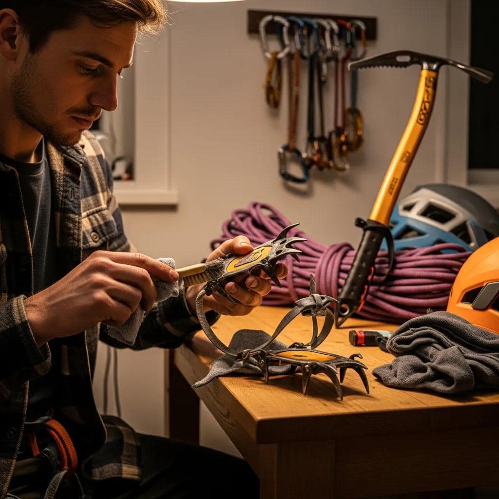 Climber maintaining and inspecting mountaineering crampons in an indoor setting demonstrating the essential gear care discipline that intermediate mountaineering skills require including sharpening crampon points with a hand file inspecting the center bar and binding plates for cracks checking anti-balling plates for damage testing strap condition and verifying boot welt compatibility showing why pre-season gear maintenance is a fundamental intermediate-level mountaineering skill that prevents equipment failure during critical moments on the mountain when crampon performance becomes survival-critical on steep snow and ice terrain