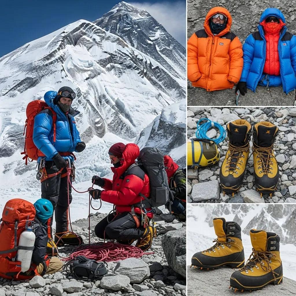 High-altitude climbers preparing expedition gear at base camp
