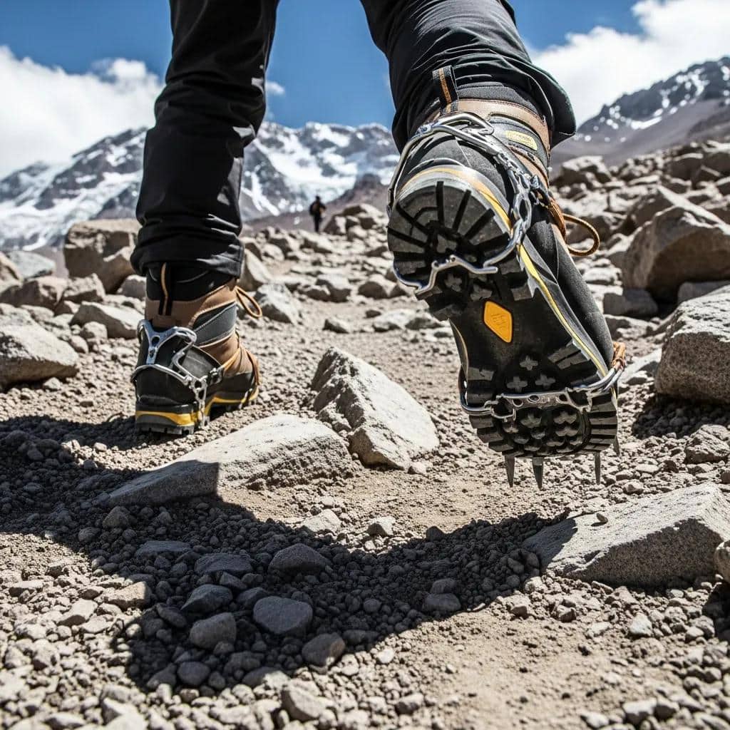 Technical mountaineering climbers wearing high altitude boots on rocky alpine terrain showing the gear and skills required for the world top 50 technical objectives including ice climbing mixed climbing big wall objectives 2026