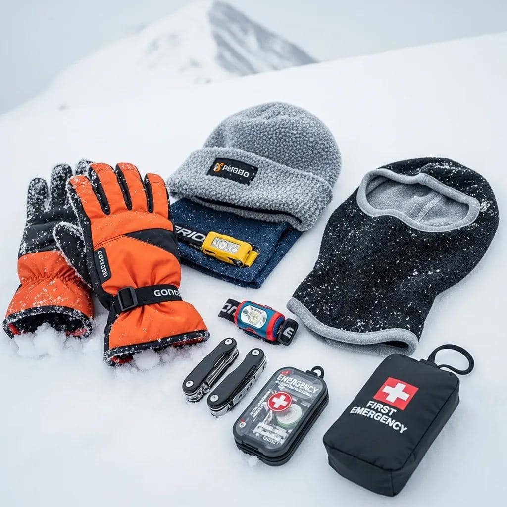 Cold-weather mountaineering equipment and insulated accessories arranged on snow